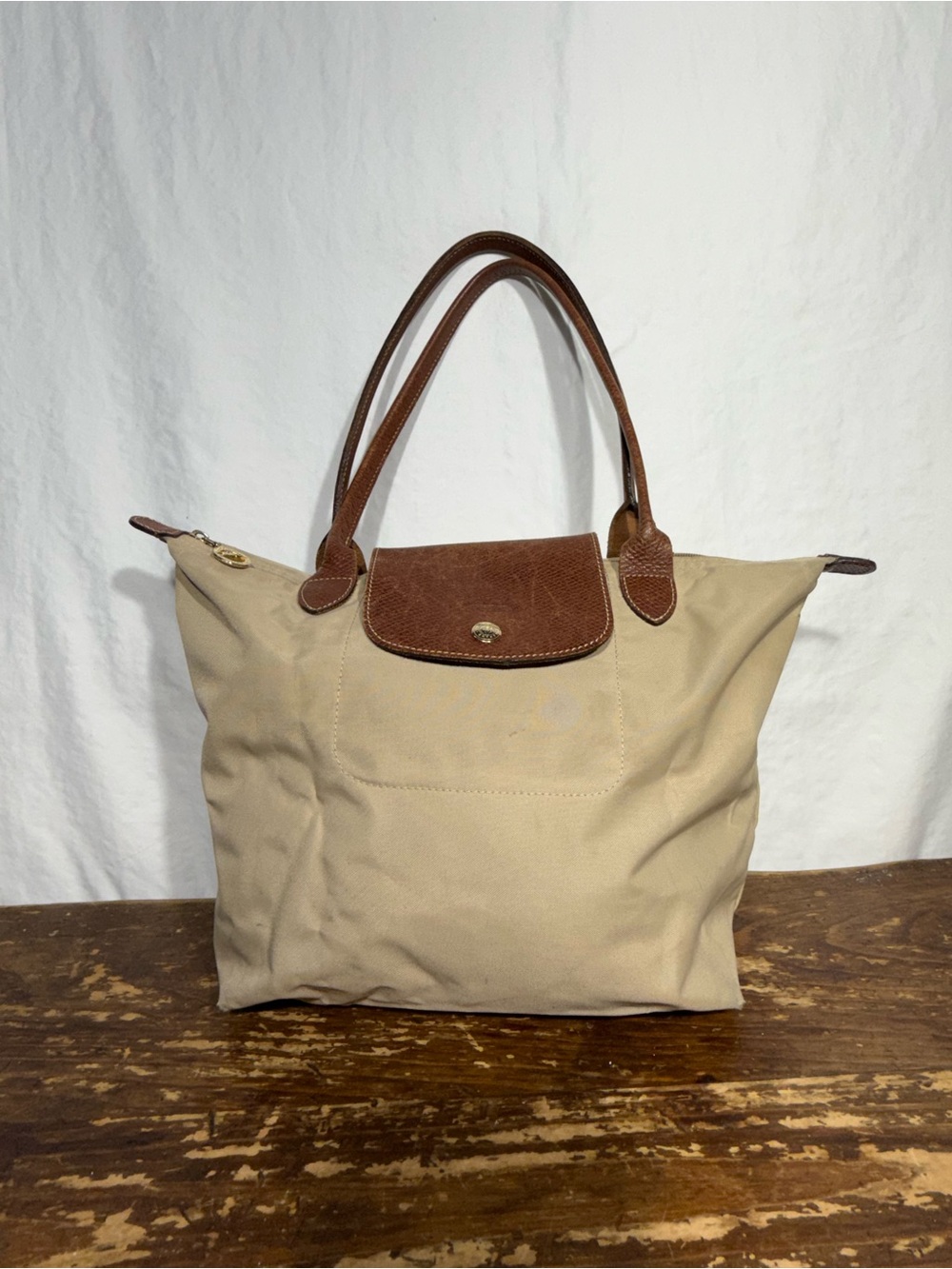 Longchamp Beige Canvas Tote with Brown Leather Trim
